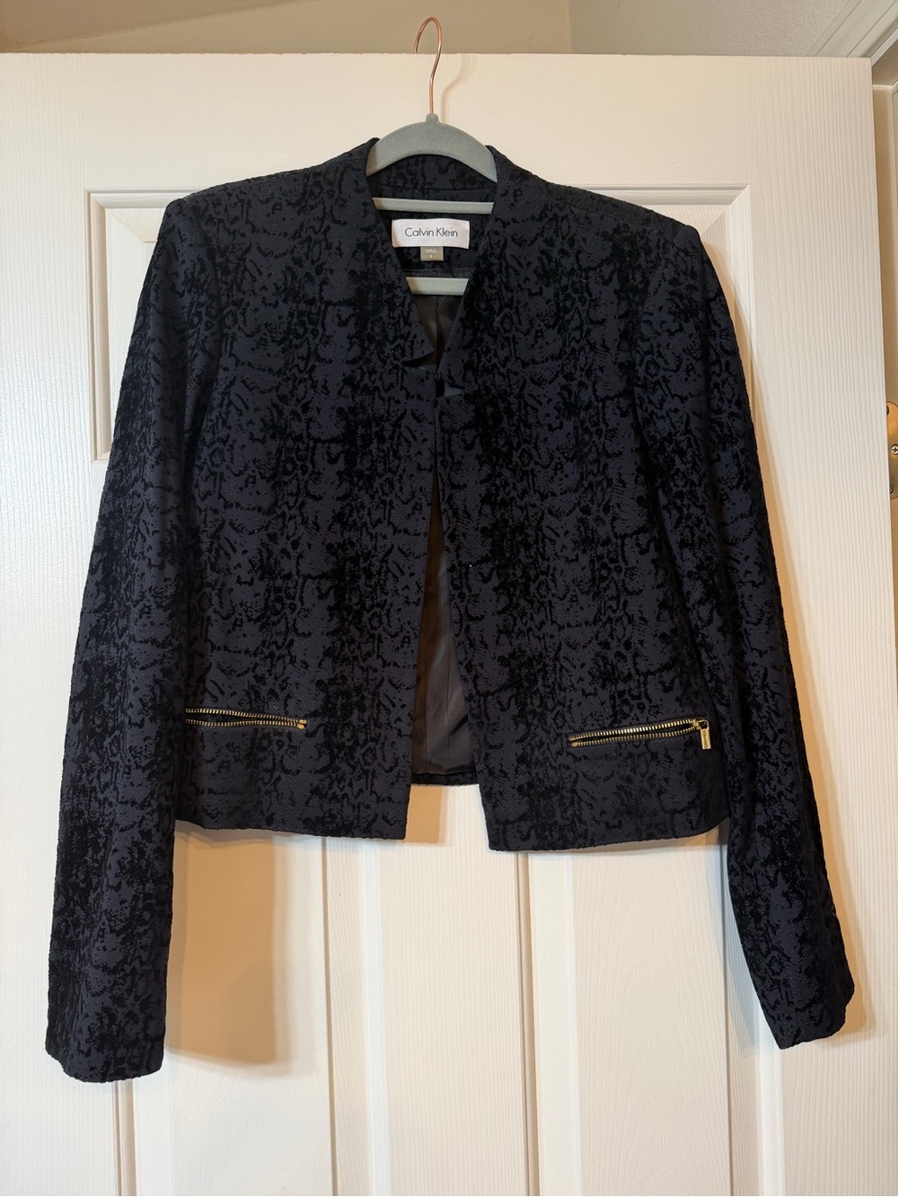 Calvin Klein Black Textured Cropped Blazer with Gold Zips